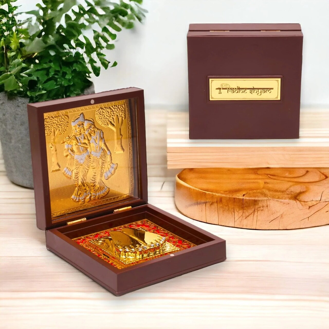 Gold Plated Radha Krishna Photo Frame with Charan Paduka for Diwali Housewarming Return Gift Worship Pooja Room Decor Hindu God Religious Devotional Paduka Prayer Box